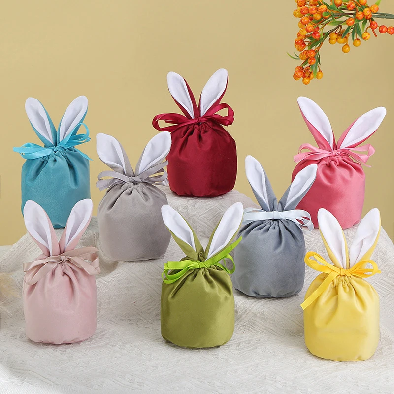 

10PC Cute Rabbit Ears Velvet Bags Wedding Chocolate Candy Cookie Packaging Box Funny Easter Drawstring Gift Bags DIY Party Decor