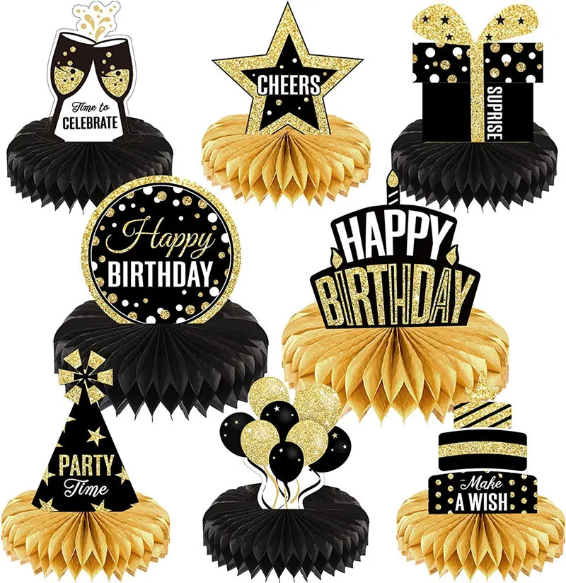 

8pcs Black Gold Birthday Honeycomb Centerpieces Birthday Table Toppers for Birthday Party Decorations Favor Photo Booth Props