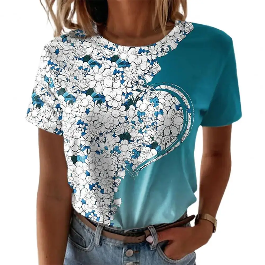 

Crew Neck Short Sleeve Girls T-shirt Shink Resistant Floral Heart Print Lady Top Streetwear