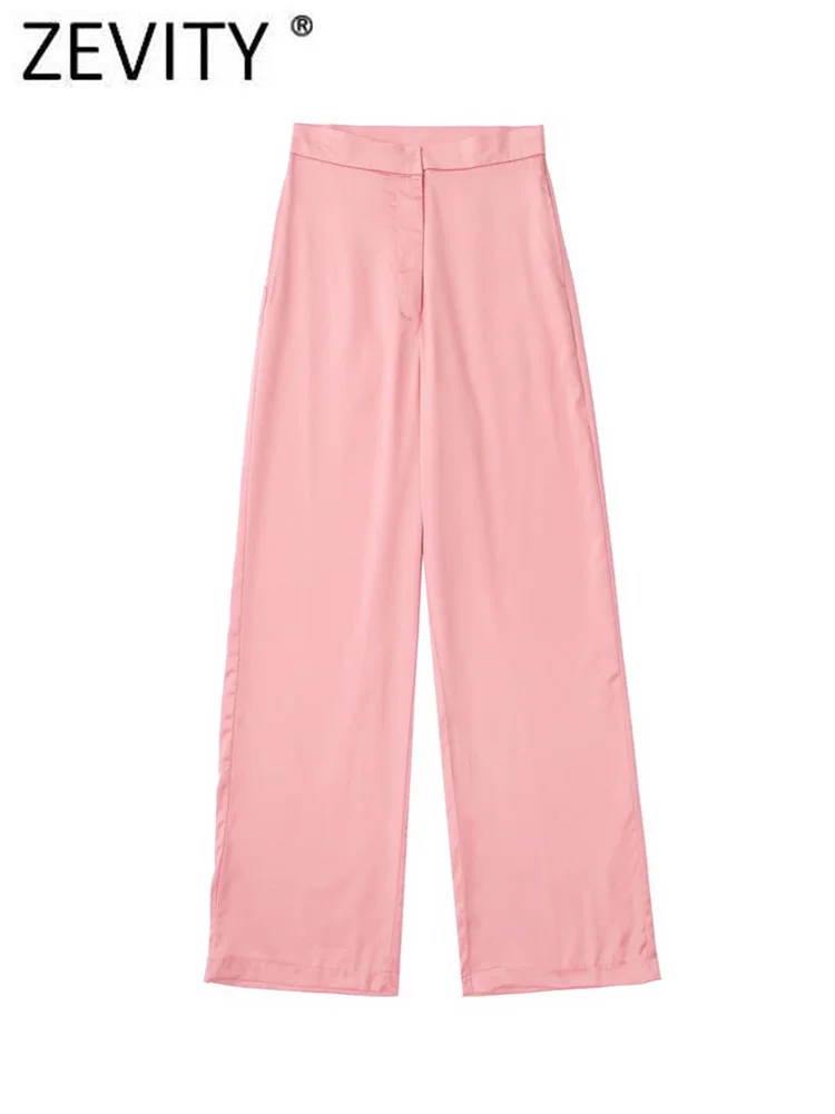 

Zevity Women Fashion Side Pocket Soft Satin Casual Straignt Pants Female Chic Zipper Fly Long Trousers Pantalones Mujer P1017