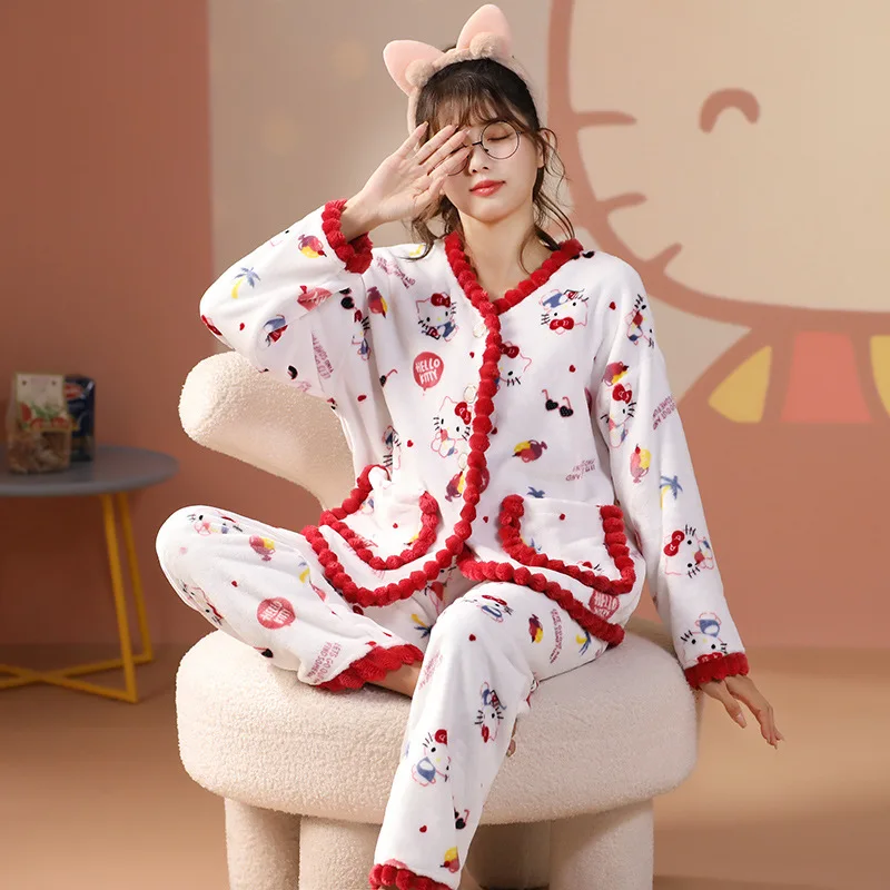 

Kawaii Sanrio Hello Kitty Pajama Set Female Autumn Winter Cartoon Anime Coral Fleece Pajama Pants Thicken Cute Loungewear Set