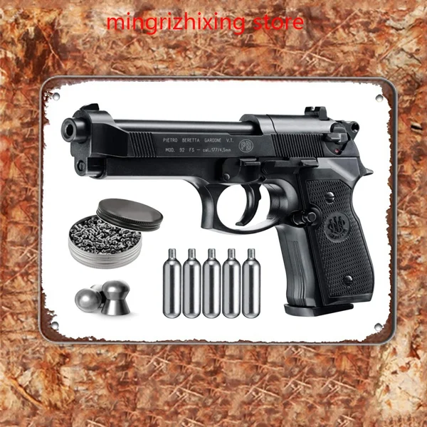 

Beretta M92Fs Blowback Air Gun, with 5X12 Carbon Dioxide Tank and 500Ct Shot Bag Set Gun Metal Plate Wall Tin Sign Mental