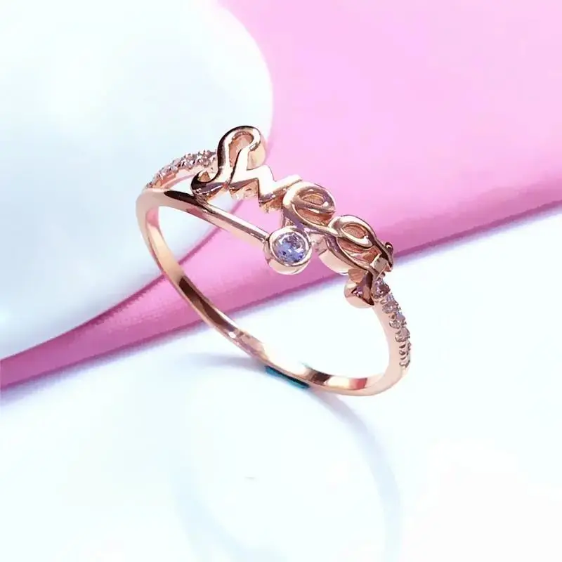 

Purple Gold Color Gold Inlaid Zircon Letters Ring Simple High Sense Temperament Rose Gold Open Mouth Ring Ornament Ladies