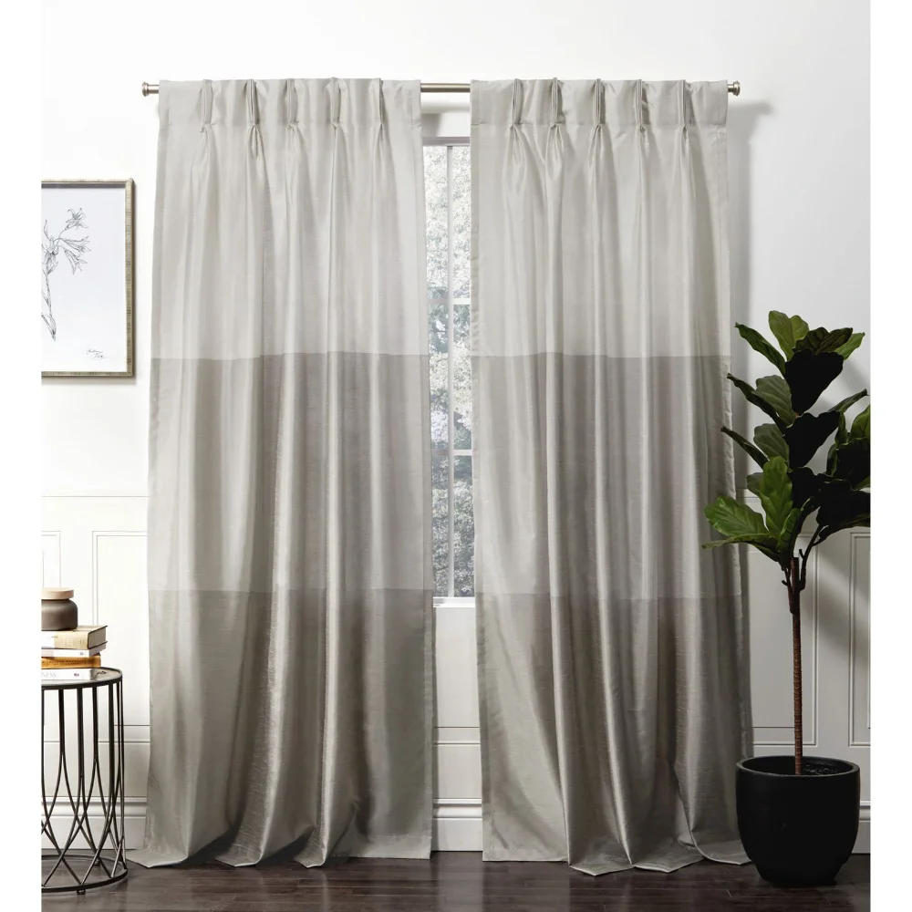 

OIMG Curtains Chateau Striped Faux Silk Pinch Pleat Curtain Panel Pair, 84" Length, Dove Grey