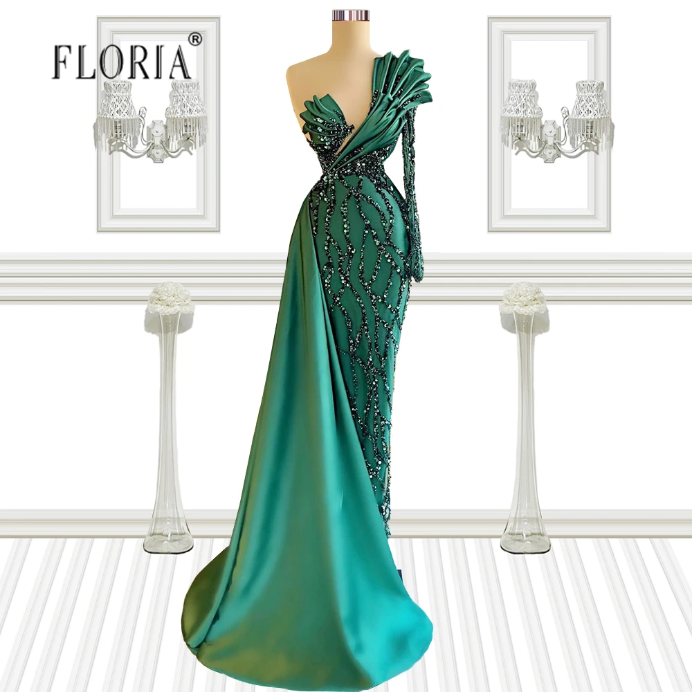 

Emerald Green One-shoulder Mermaid Evening Dress Spring Vestido De Novia Sweep Train Prom Gowns Dubai Beaded Celebrity Dresses