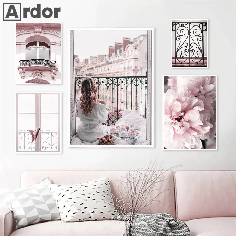 Модный настенный постер с изображением розового пиона и Эйфелевой башни