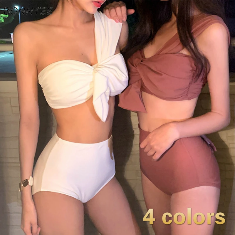 

Комплект бикини женский в Корейском стиле, простой пикантный раздельный купальник, женский купальный костюм с завышенной талией, модная однотонная пляжная одежда, бикини