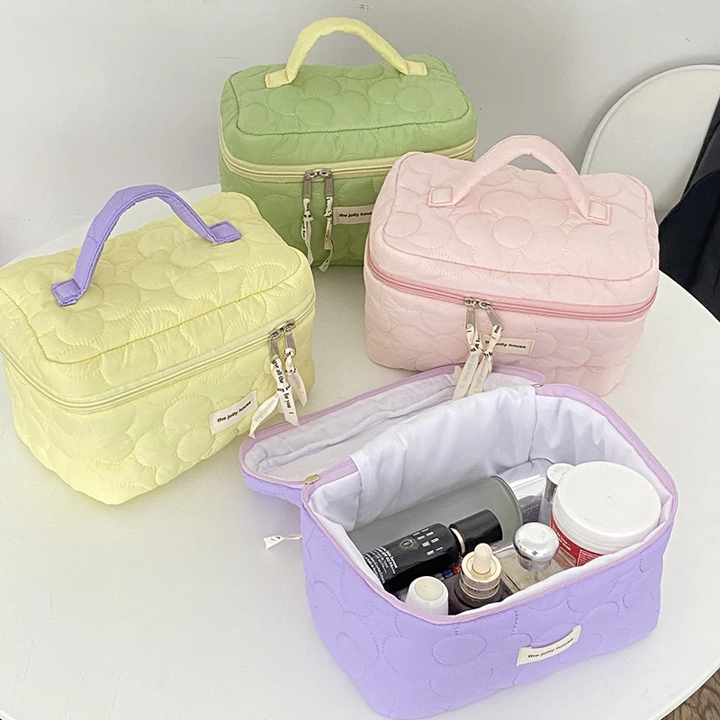 

Flower Quilting Cloth Makeup Bag Women Cosmetic Bag Organizer Female Small Storage Handbag Box Shape Portable Toiletry Neceser
