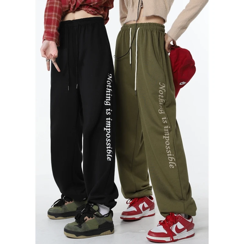 

Women Green Sweatpants Letter Printing Loose High Waist Vintage Baggy Pants American Fashion Female Straight Wide Leg Trouser