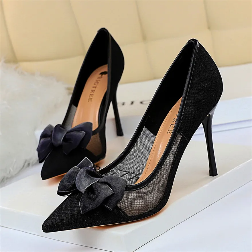 

Ladies Sexy Mesh Hollow Black Blue Shoes Women Pumps Fashion Bowknot High Heels Shoes Woman Pointed Toe Thin Dress Party Shoes
