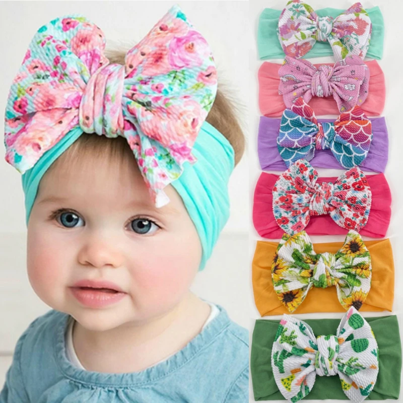 

New Children's Big Bow Nylon Hair Band Soft Elastic Hair Adornment Baby Headband Baby Printed Headband Newborn Baby Turban