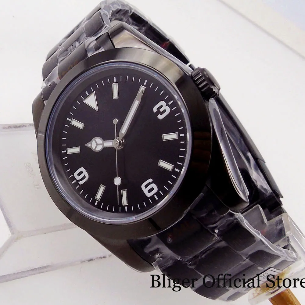 BLIGER 36mm 39mm Black PVD Case Men Watch NH35A MIYOTA 8215 PT5000 Movement Flat Sapphire Crystal Green Luminous Hand - купить по