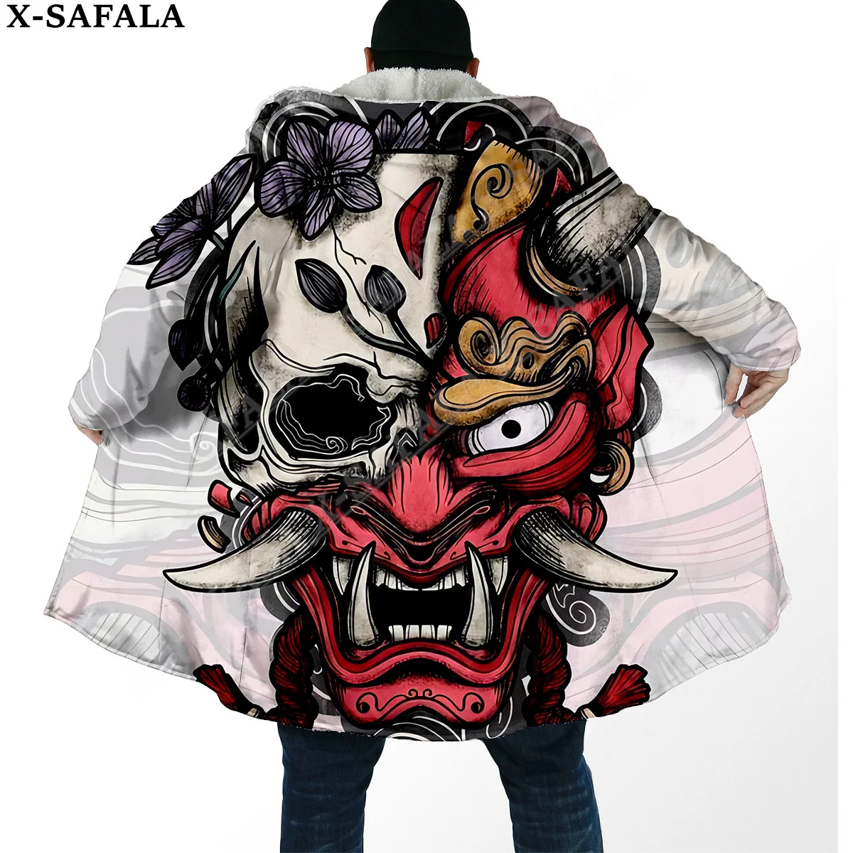 

Japanese Samurai Oni Mask Tattoo Warrior Overcoat Coat 3D Print Thick Warm Hooded Cloak Men Windproof Fleece Unisex-13