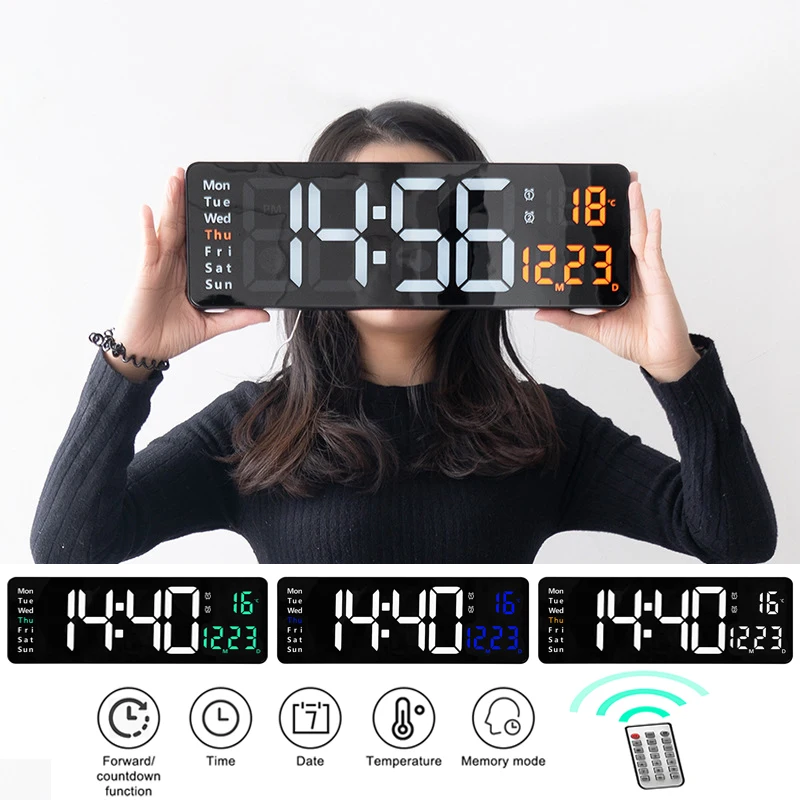 

Large Digital Wall Clocks LED Remote Control Temp Thermometer Calendar Display Table Round Alarms Clocks Home Desktop Decor