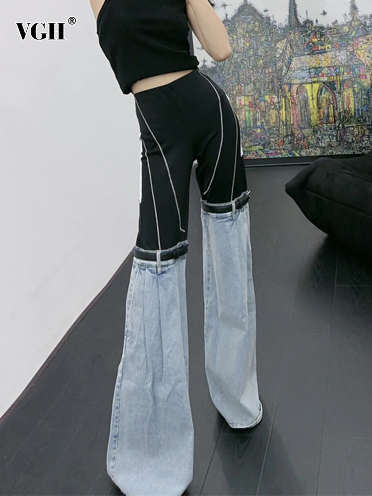 

VGH Patchwork Denim Casual Trousers For Women High Waist Spliced Belts Hit Color Slimming Flare Pants Female Fashion Clothing