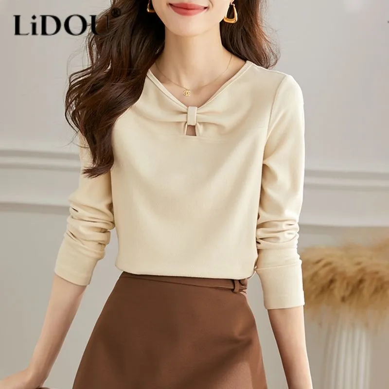 

Tops Women New Tee Autumn And Winter Long Sleeve V-neck Pleated Patchwork Solid Color Office Lady Korean Style Casual Popularity