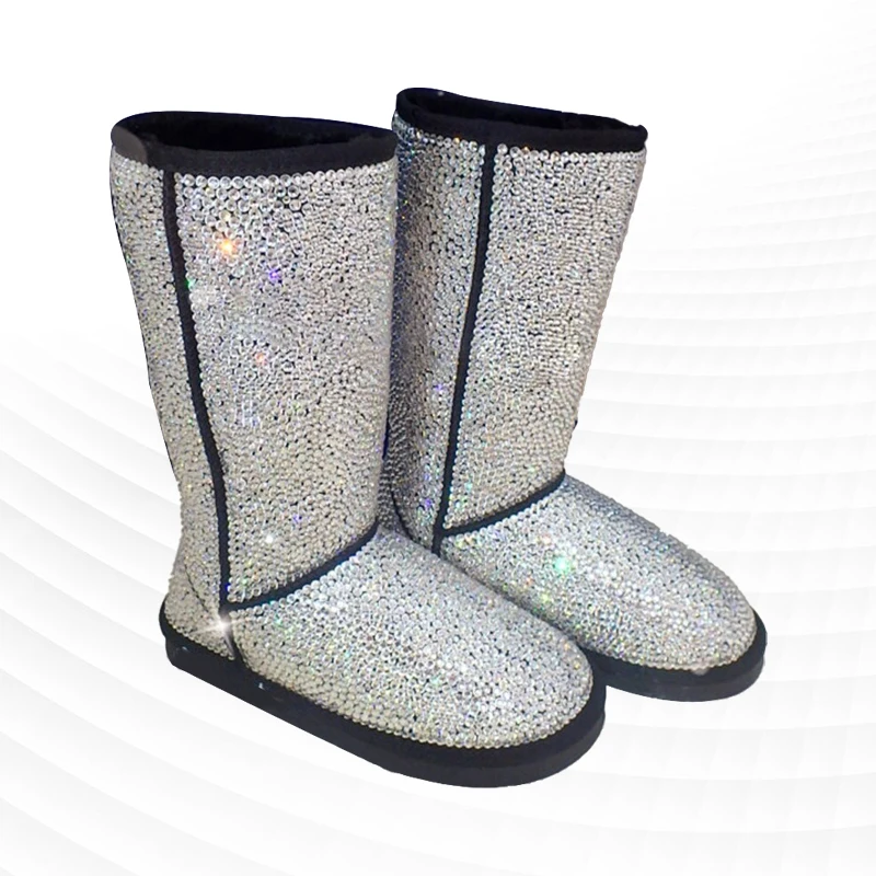 

Handmade custom rhinestones shining natural fur high classic snow boots women's cotton shoes large size 35-44