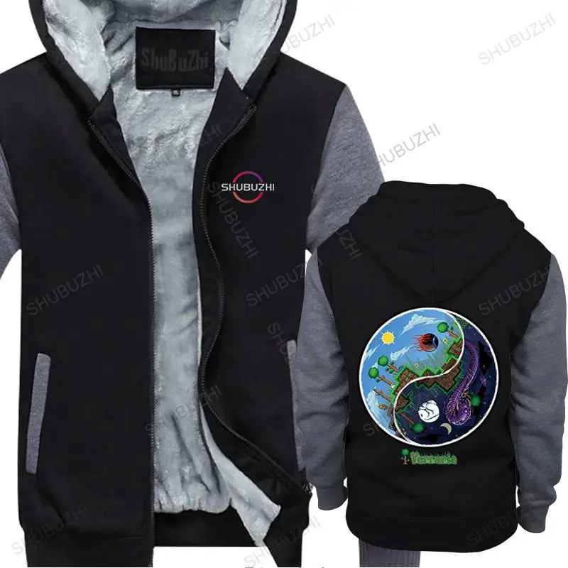 

Man black jacket thick hoodies brand clothing Terraria sweatshirt Night And Day men's winter vintage print fleece hoody foy boys