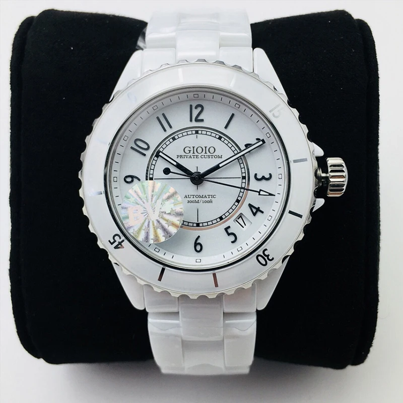 

Luxury Mens Automatic Mechanical Watch Real Black White Ceramic Sapphire Crystal Number Diamonds Dial 38mm