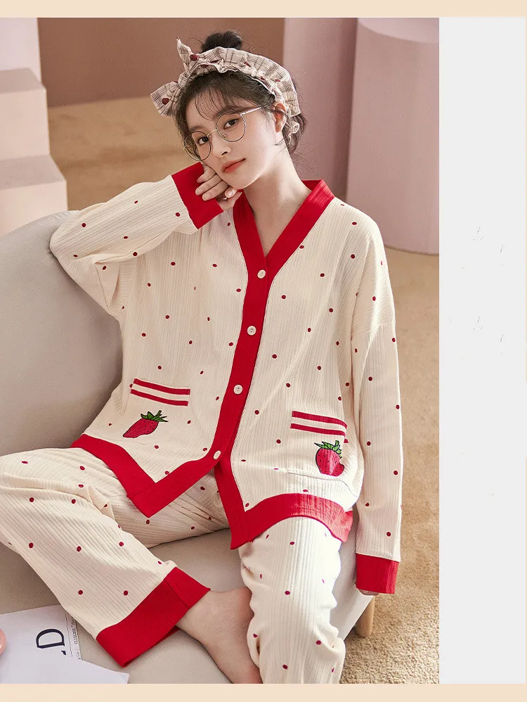 Yasuk Spring Autuum Fashion Women's Casual Print Pocket Sleepwear Homewear Cute Lovely Pajamas With Pants Soft Cotton Strawberry