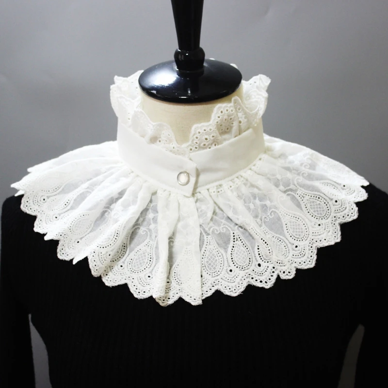 

Женская винтажная шаль с вышивкой Пейсли, большая шаль с оборками, стоячий воротник, имитация воротника, белый шарф в викторианском стиле, стимпанк, декоративная наполовину рубашка