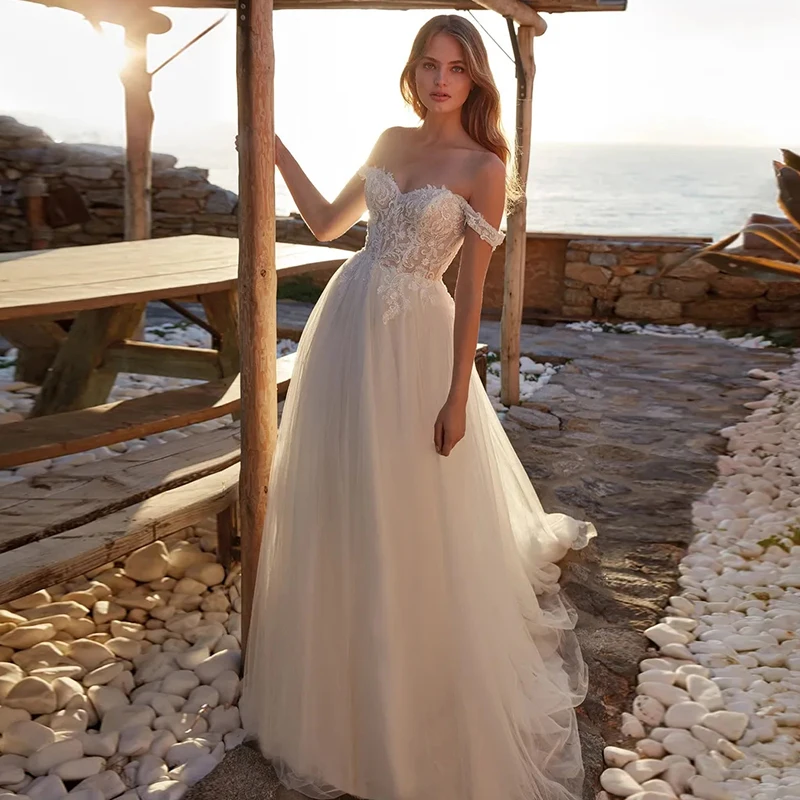 

QUEEN BRIDAL Boho Wedding Dresses Scoop Neck A-line Appliques Off The Shoulder Floor Length Zipper Custom Made Vestidos De Noiva