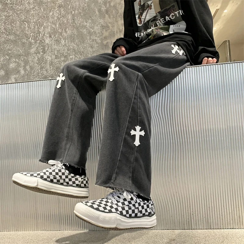 Hip-hop Men's Y2K Black Jeans Wide Baggy Printed Denim Pants For Women Straight Trousers Teachwear Streetwear