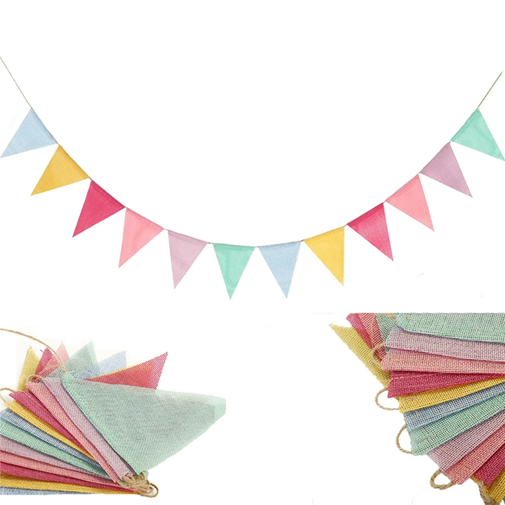 

12 Flags Colorful Jute Linen Flags Pennant Birthday Bunting Banners Wall Hanging Wedding Banner Party Garland for Home Decor