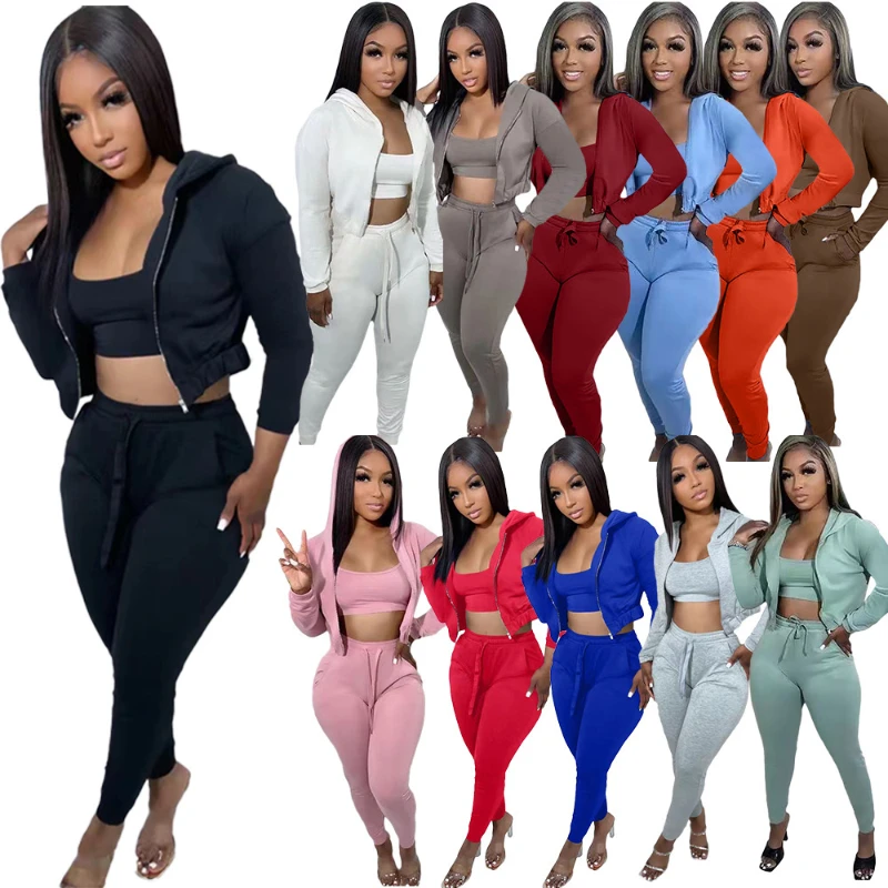 

Pants Caual Suit Solid 3 Piece Set Tracksuit CropTop Women Camisole Long Sleeve Zipper Hooded Jacket Drawstring Pockets
