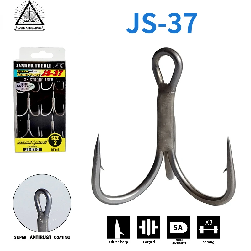 

WH JS-37 Triple Fishing Gray Color 3X Strong Treble Hooks super antirust Fishhook Fishing Tee Hook#10~#1.1/0 2/0 3/0 Seafishing