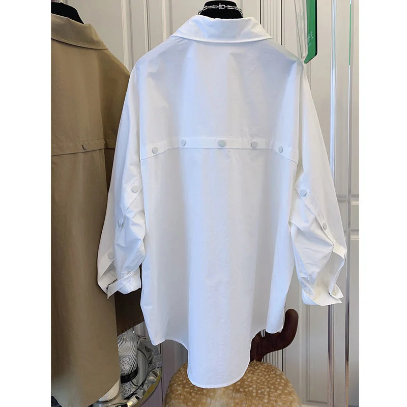 

Back Button Batwing Sleeve Turn Down Collar Solid Cotton Shirt Jacket Women's Loose Casual Long Coat Y884