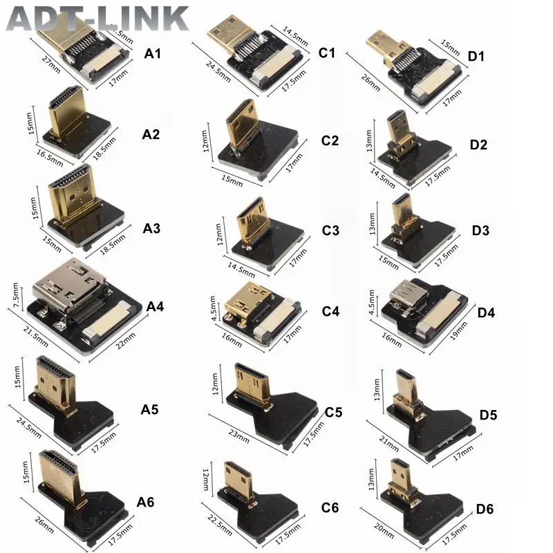 ADT-LINK FPV Micro Mini HDMI-Compatible 90 Degree Adapter 5cm-80cm FPC Ribbon Flat HDTV Cable Pitch 20pin Plug Up Down Connector