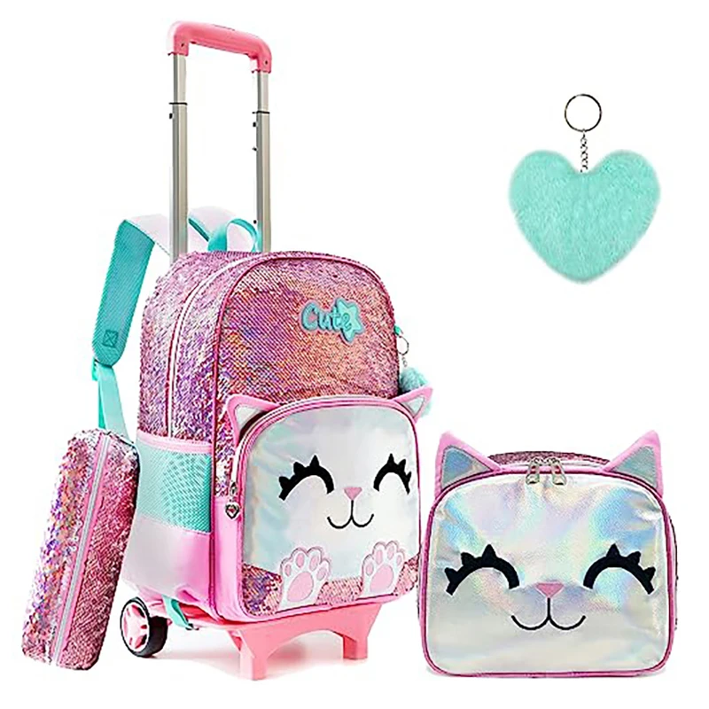 Kids Rolling Backpack for Girls Cute Pink Cat School Backpack with Wheels Kids Sequin Roller Luggage for Elementary Kindergarten