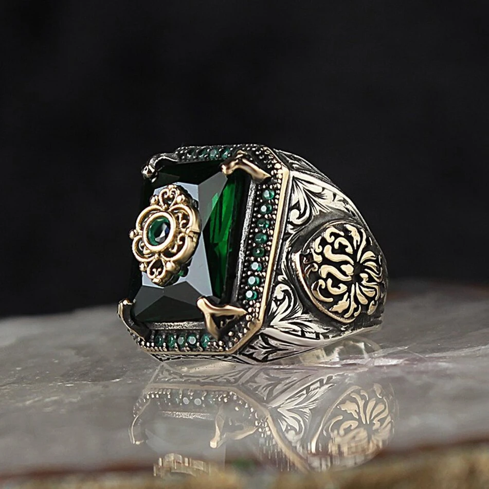 

Retro Turkish Handmade Signet Ring For Men Women Ancient Silver Color Carved Eagle Ring Green Zircon Inlay Punk Motor Biker Ring