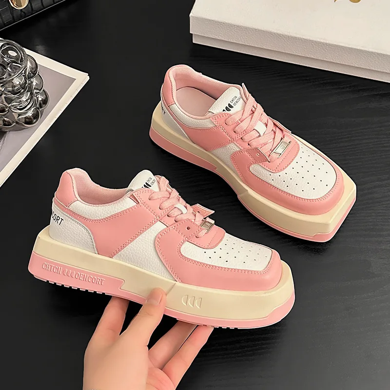 Personality Platform Women's Sneakers Leather Fashion Lace-up Square-Round Toe 2023 New Fashion Chunky Sneakers Woman