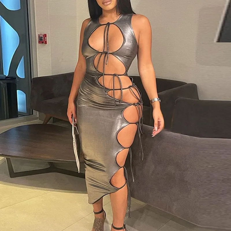 

Women Beach Fashion 2023 Dress Summer Ladies Hollow Out Lace Up Sleeveless Skirt Tight High Waist Solid Polyester Saida De Bath