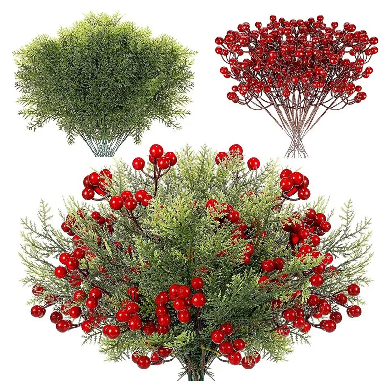 

48Piece Christmas Artificial Faux Cedar Branches Artificial Sprigs Faux Pine Leaves Greenery Pine Stems Picks For Xmas Green&Red