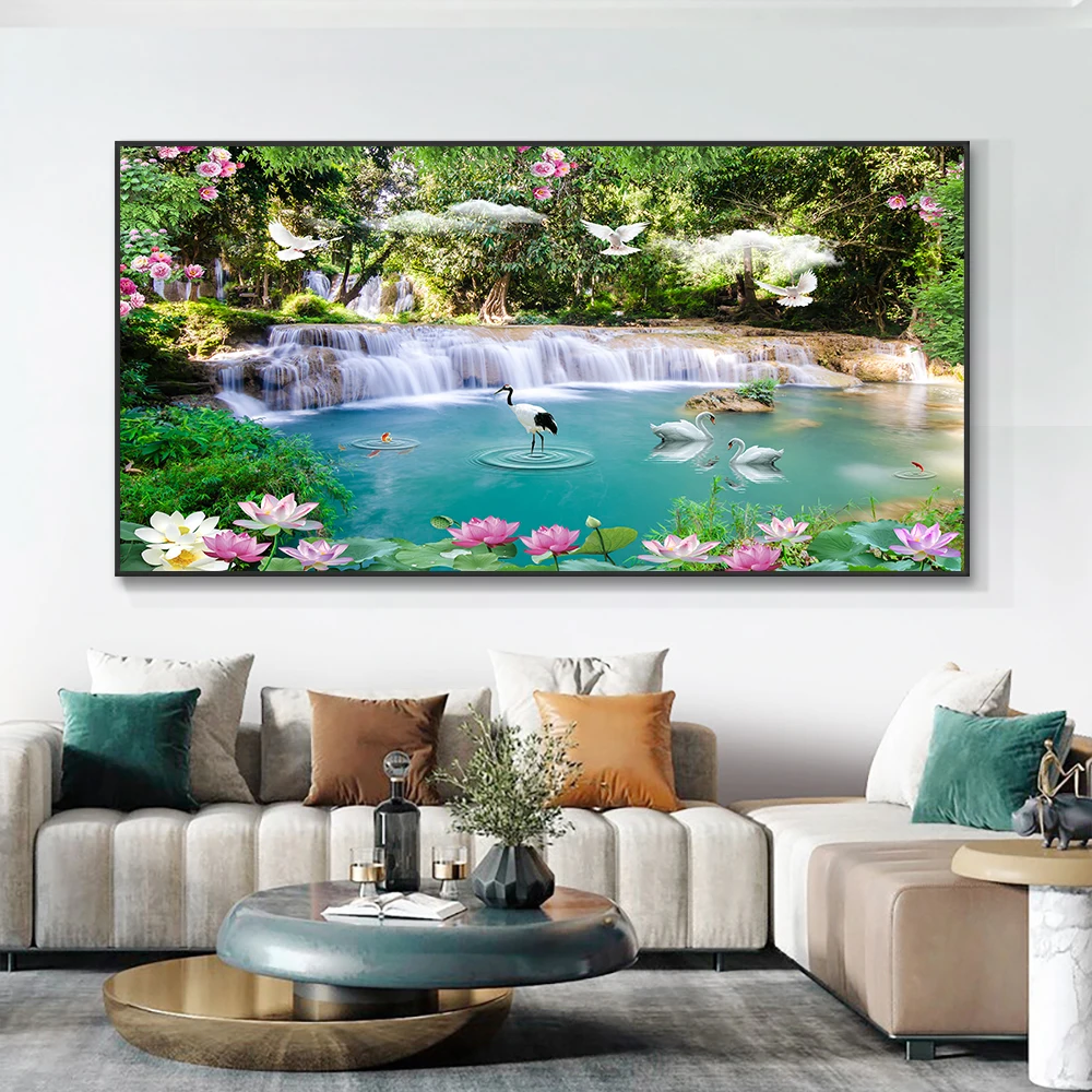 

Abstract Swan Waterfall Lotus Canvas Painting Modern Nordic Landscape Wall Art Posters And Prints For Living Room Home Decor