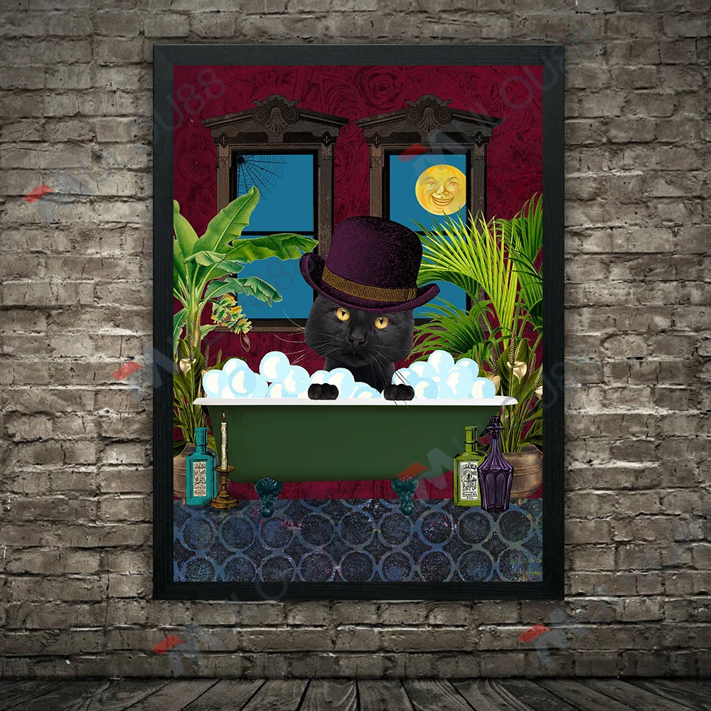 Настенный холст с изображением черной кошки и Тигра для ванной комнаты Забавный