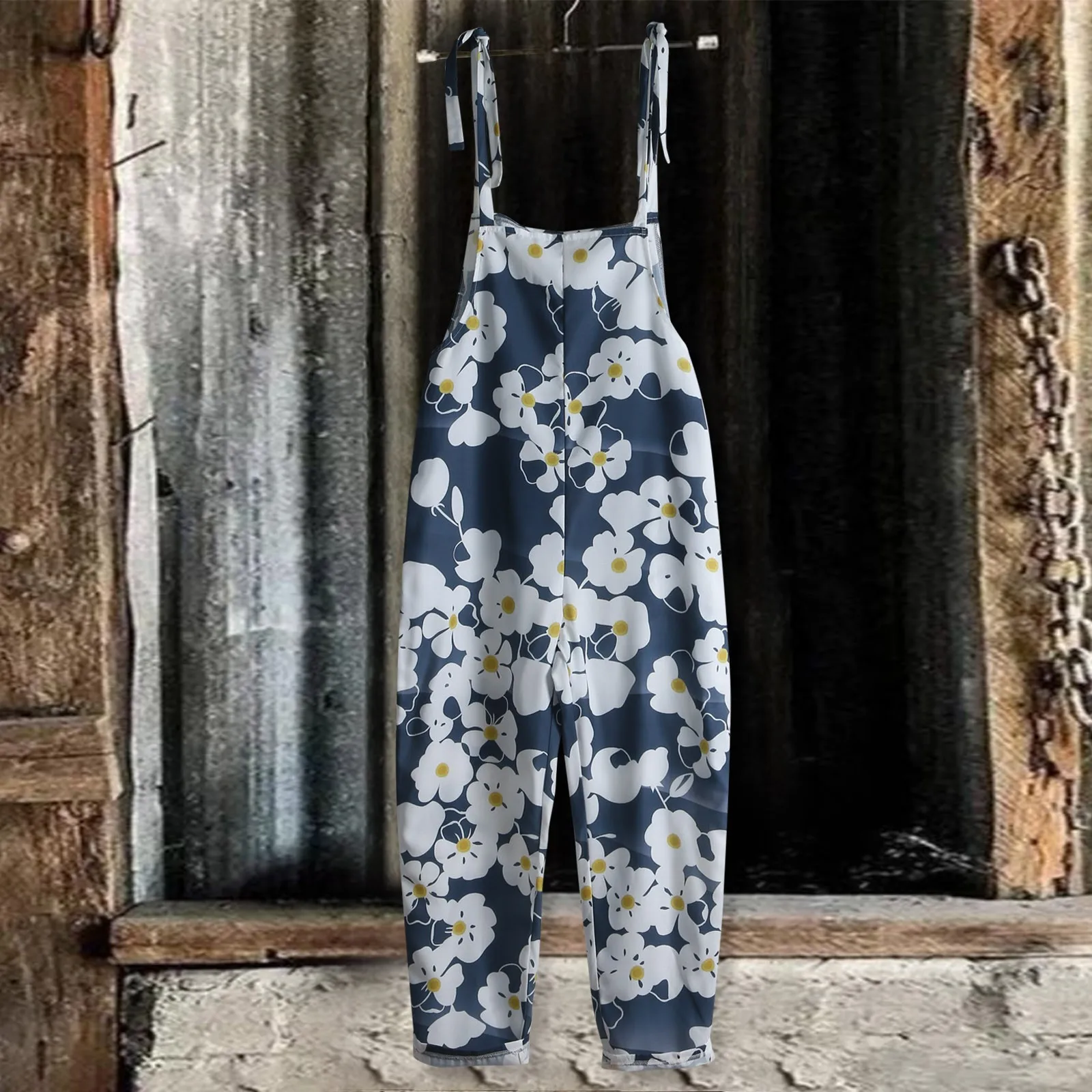 

Navy Blue Rompers Vintage Women Summer Loose Casual Printed Sleeveless Adjustable Spaghetti Strap Jumpsuits White Ski Set
