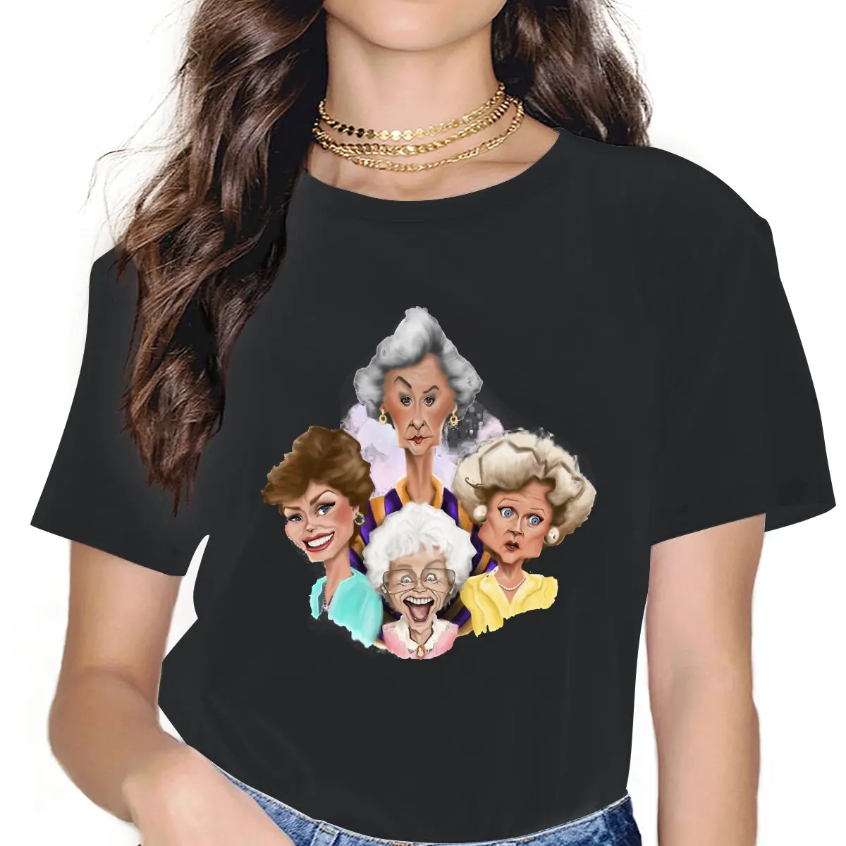 Original Caricatures Women T Shirt Golden Girls Comedy Family Friendship Bea Arthur Awesome Tees Short Sleeve Round Neck T-Shirt
