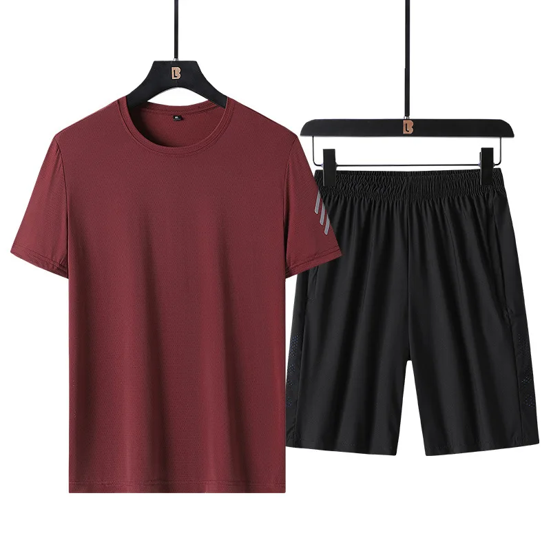 Summer New Men's Casual Ice Silk Set Loose T-shirt Short Sleeve+Shorts Two Piece Set for Middle and Youth Fitness and Sports