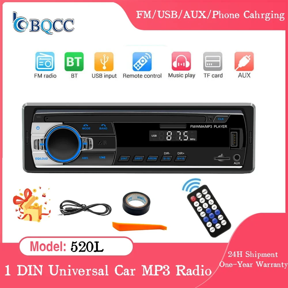 

BQCC Autoradio 1DIN 12V Car Radio Stereo In-Dash Bluetooth Audio TF/USB/AUX/FM Receiver Head Unit MP3 Player Tape Recorder