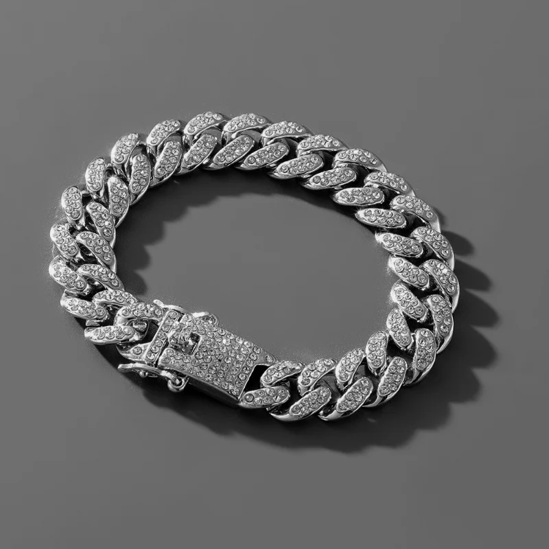 

HipHop Men Women New Crystal Prong Cuban Link Chain Bracelet Bling Iced Out 2 Row Rhinestone Paved Chain Jewelry