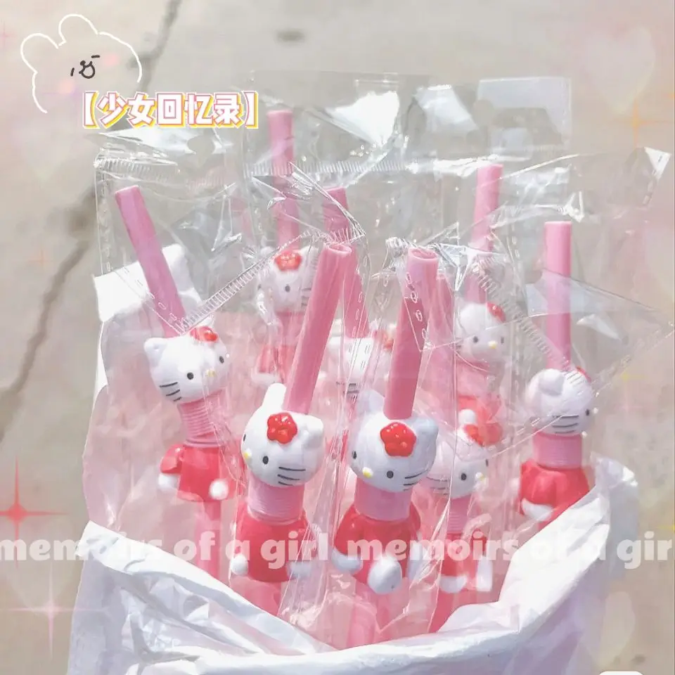 

Hello Kitty Straw Hose Ins Long Super Cute Retractable Curved Cartoon Pink Drink Trending Creative Non-Disposable
