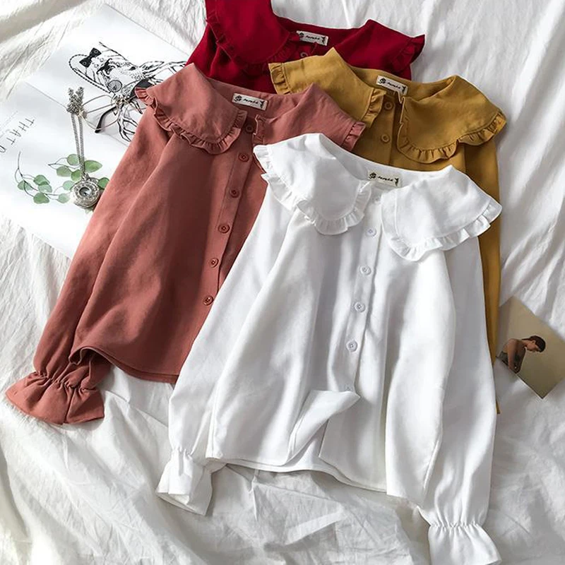 HOUZHOU Kawaii женские блузки с длинным рукавом Harajuku Питер Пэн воротник японская милая