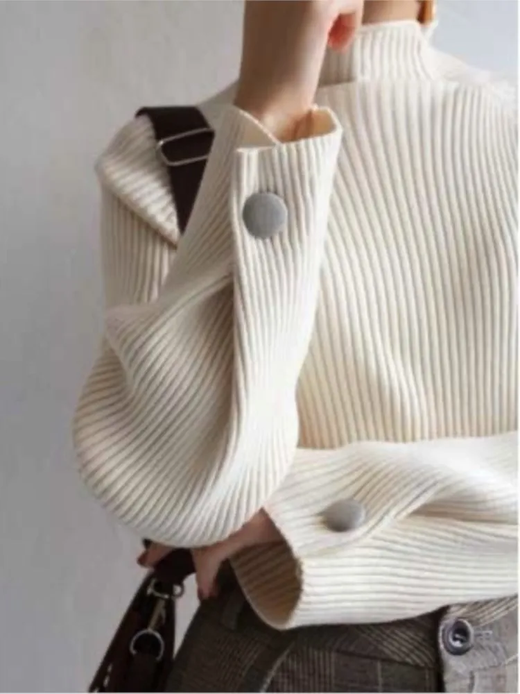 

Chic Office Ladies Knitted Pullover Top Autumn New Half Turtleneck Bottoming Sweater Korean Fashion Elegant Clothes