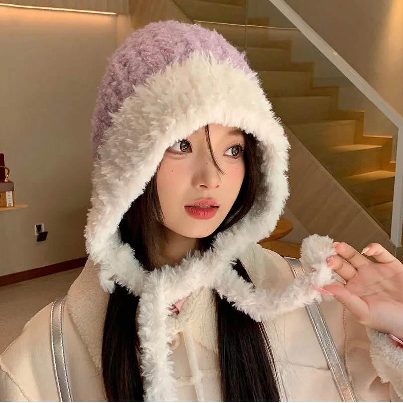 

Winter Warm Fluffy Women Bonnets Korean Fashion Cute Wool Knitted Ear Protection Hat Outdoor Cold-proof Soft Girls Lolita Cap