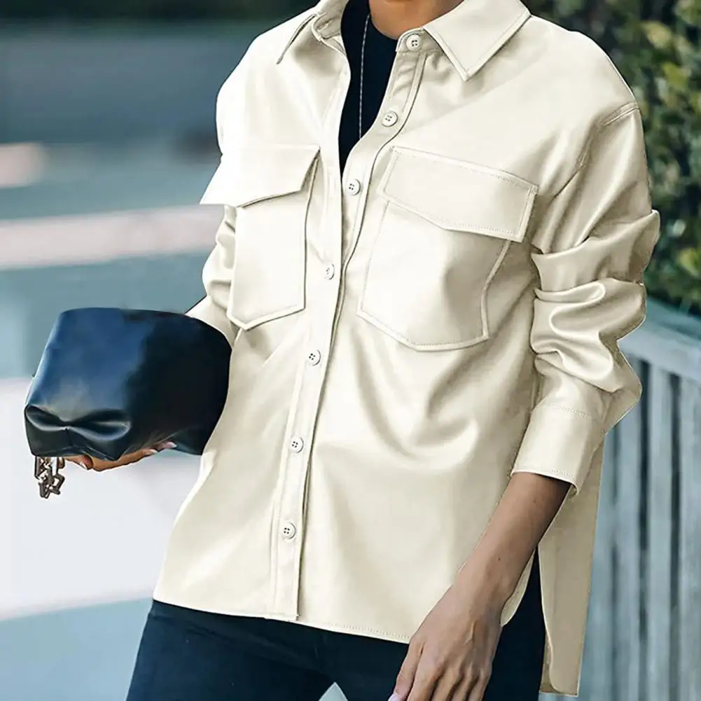 

Faux Leather Women Jacket Long Sleeve Flap Pockets Lapel Collar Solid Color Spring Autumn Motorcycle Jacket Streetwear