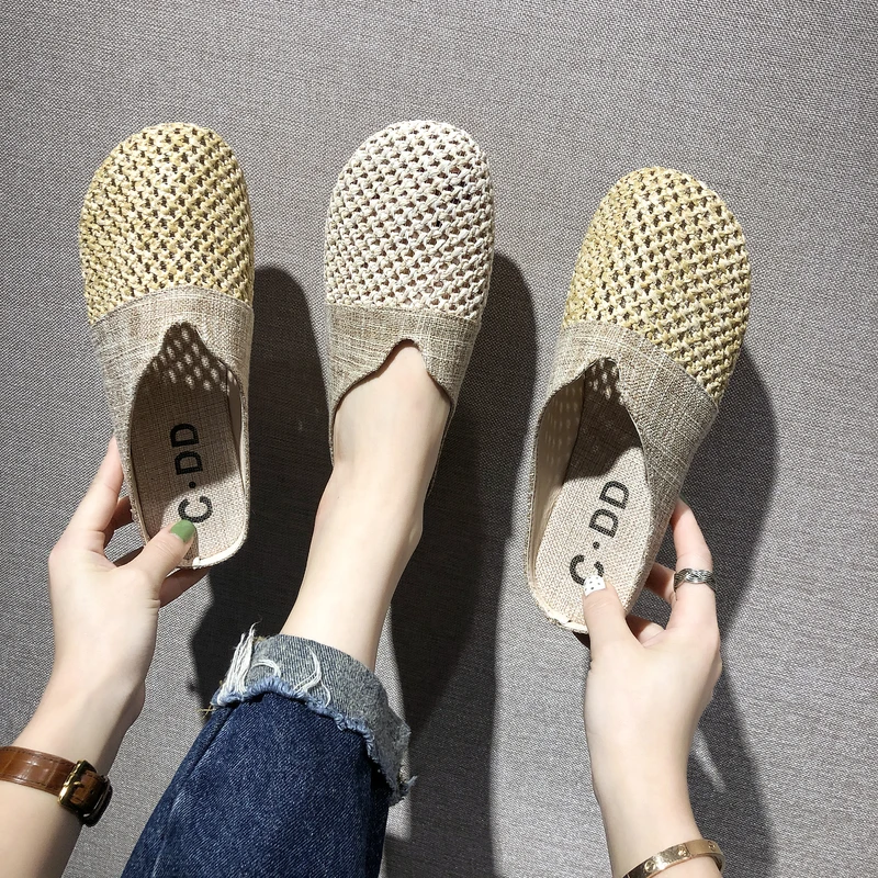 

Shoes Woman 2022 Slippers Flat Fretwork Heels Cover Toe Loafers Flock Low Pantofle Summer New Slides Fisherman PU Spring Rome Fa
